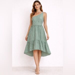 Audrey Paris Green Striped One Shoulder Linen Blend Midi Dress Size S